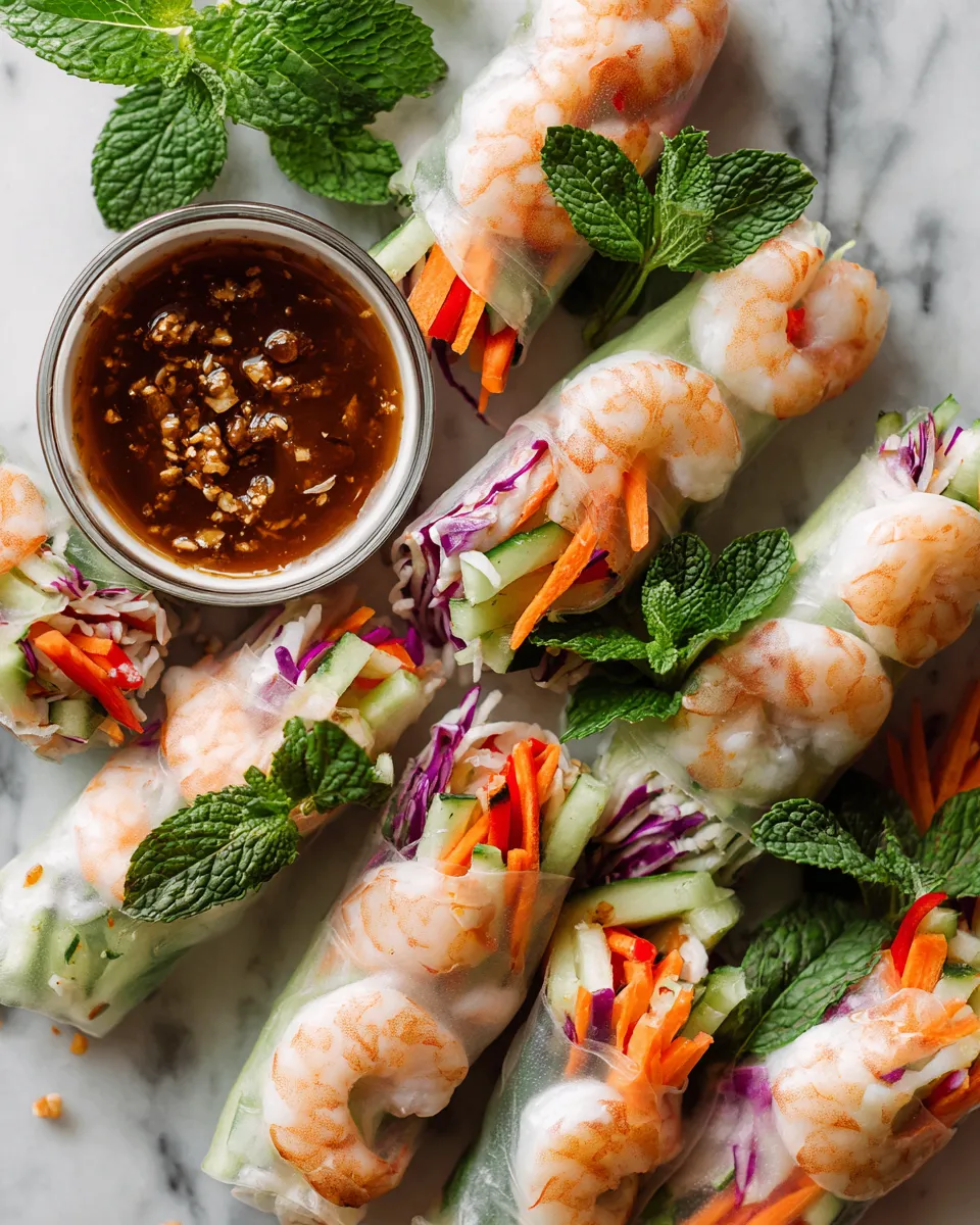 Vibrant shrimp spring rolls wrapped with fresh vegetables, served as a healthy appetizer for holiday gatherings.