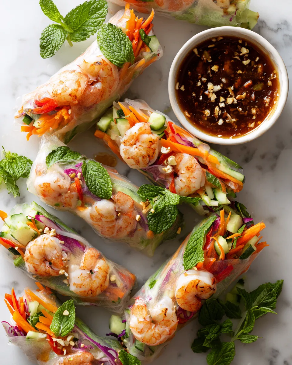 Vibrant shrimp spring rolls wrapped with fresh vegetables, served as a healthy appetizer for holiday gatherings.