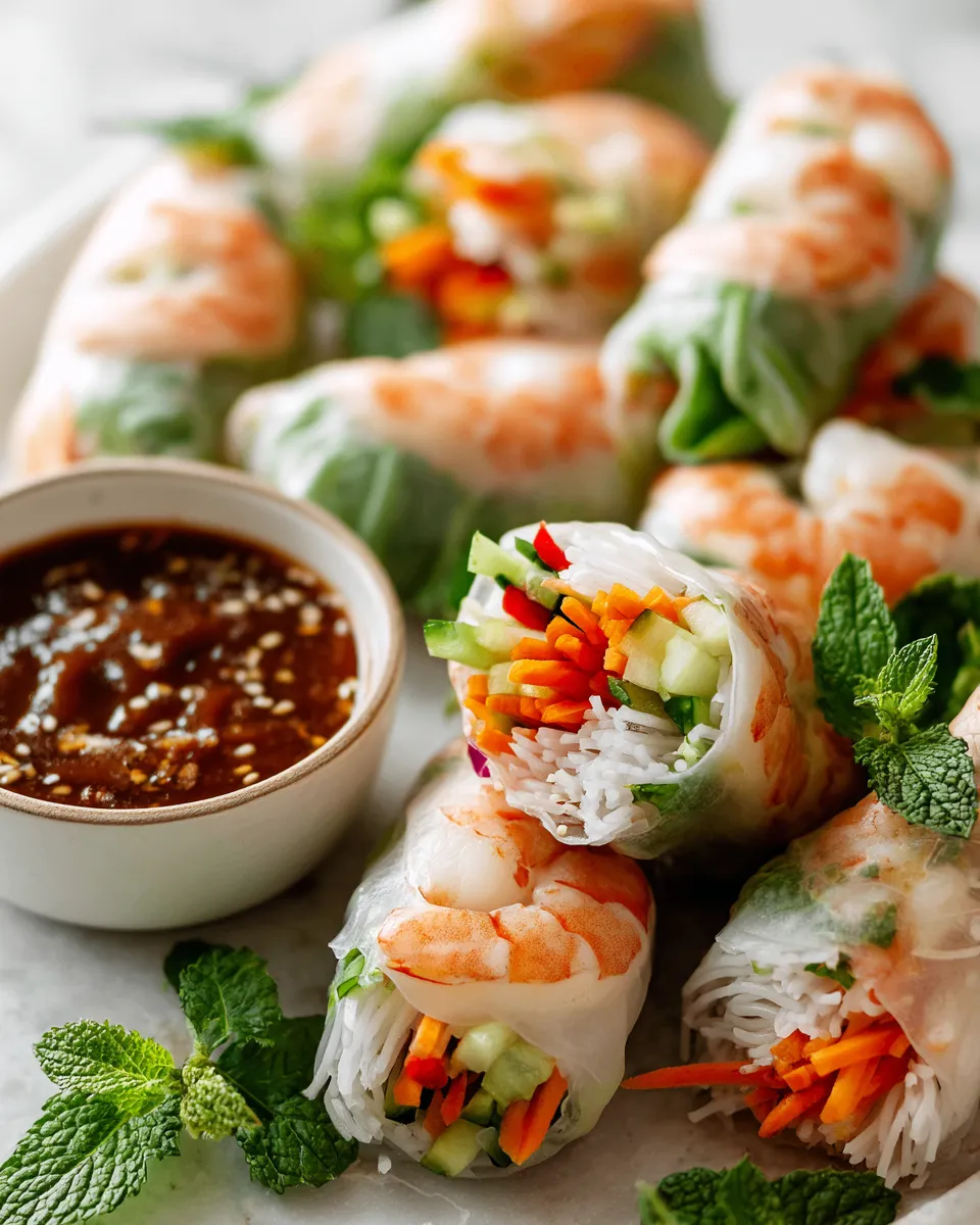Vibrant shrimp spring rolls wrapped with fresh vegetables, served as a healthy appetizer for holiday gatherings.