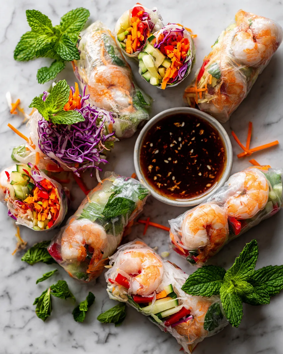 Vibrant shrimp spring rolls wrapped with fresh vegetables, served as a healthy appetizer for holiday gatherings.