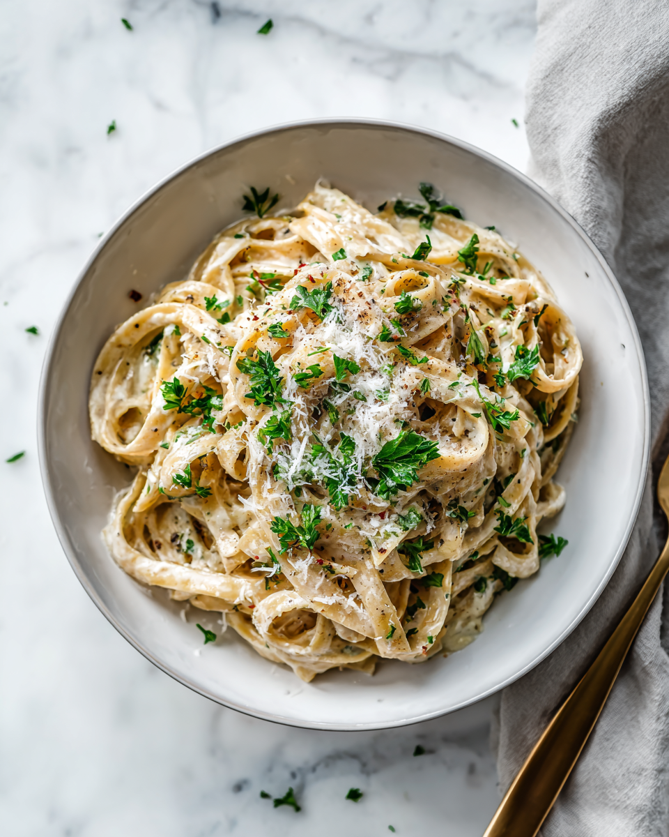 A delicious bowl of skinny fettuccini garlic Alfredo topped with fresh parsley, served as a guilt-free pasta dish