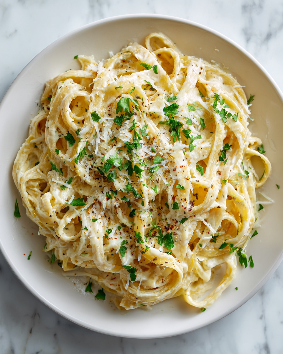 A delicious bowl of skinny fettuccini garlic Alfredo topped with fresh parsley, served as a guilt-free pasta dish