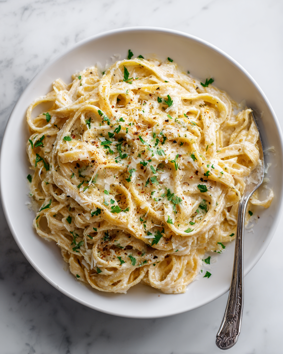 A delicious bowl of skinny fettuccini garlic Alfredo topped with fresh parsley, served as a guilt-free pasta dish