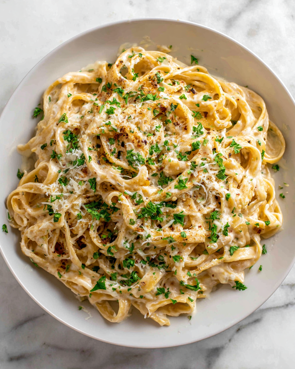 A delicious bowl of skinny fettuccini garlic Alfredo topped with fresh parsley, served as a guilt-free pasta dish