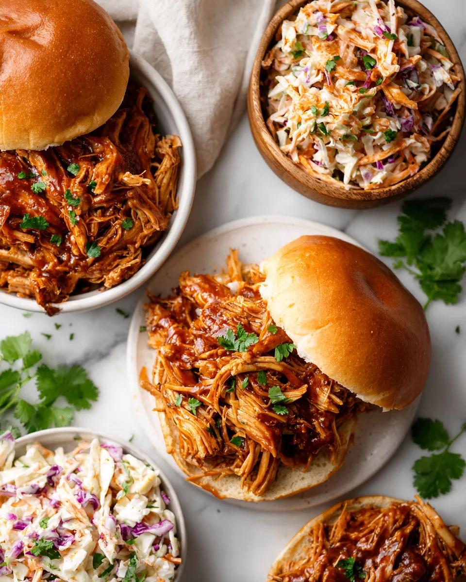Delicious slow cooker shredded BBQ chicken plated with coleslaw and served on toasted buns, perfect for gatherings