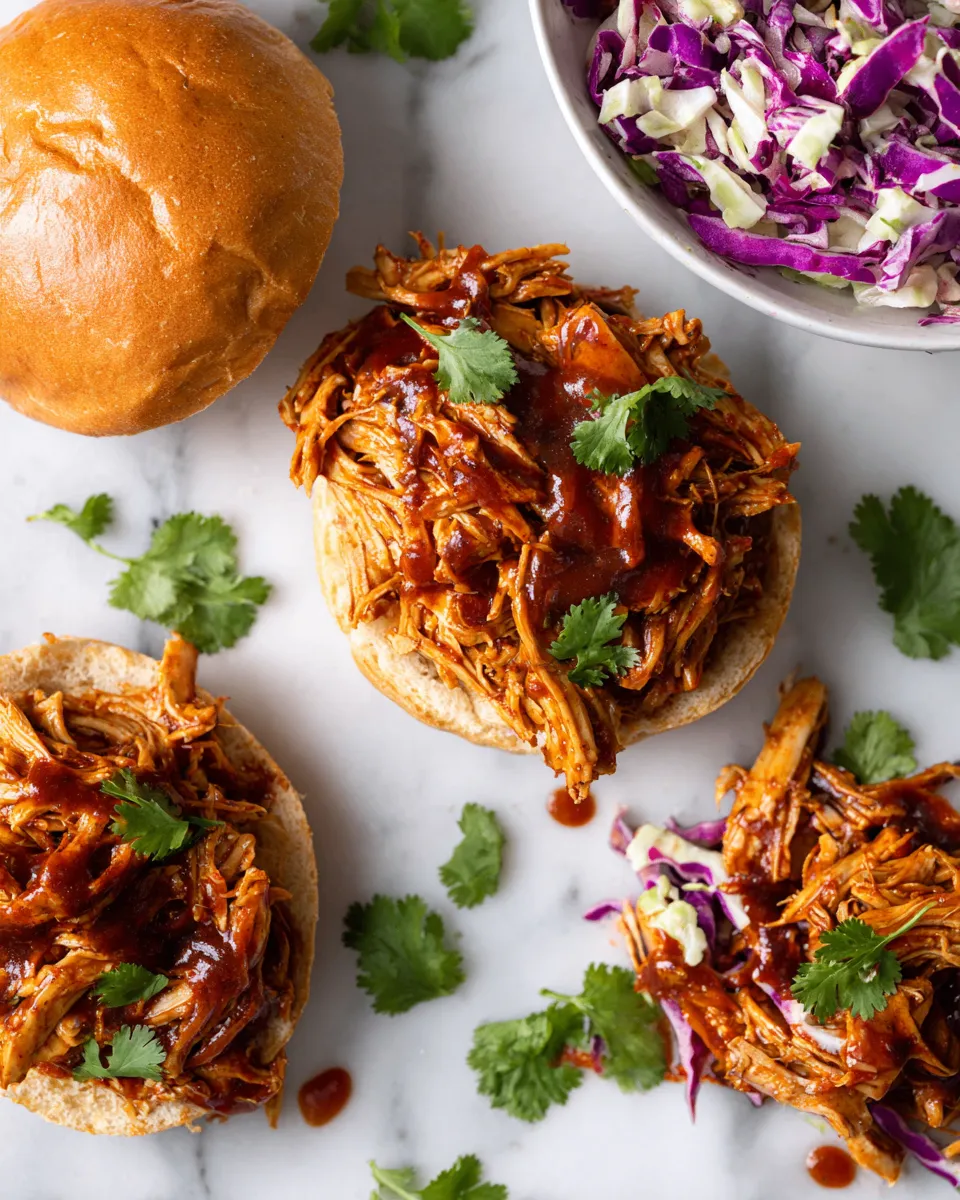 Delicious slow cooker shredded BBQ chicken plated with coleslaw and served on toasted buns, perfect for gatherings
