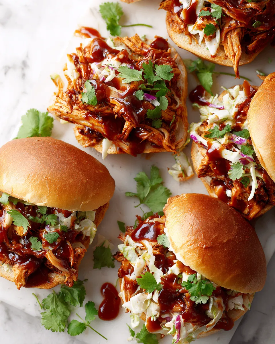 Delicious slow cooker shredded BBQ chicken plated with coleslaw and served on toasted buns, perfect for gatherings