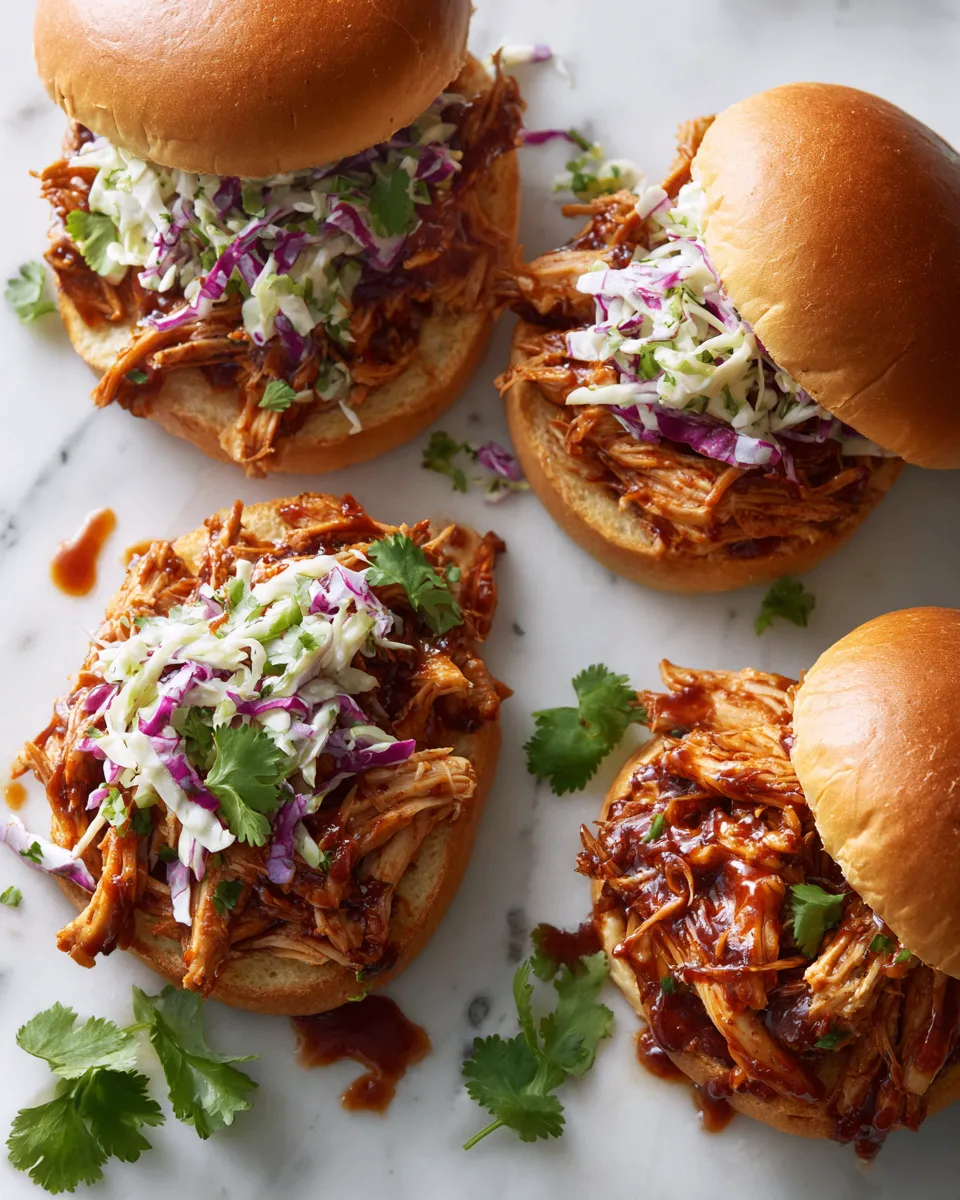 Delicious slow cooker shredded BBQ chicken plated with coleslaw and served on toasted buns, perfect for gatherings