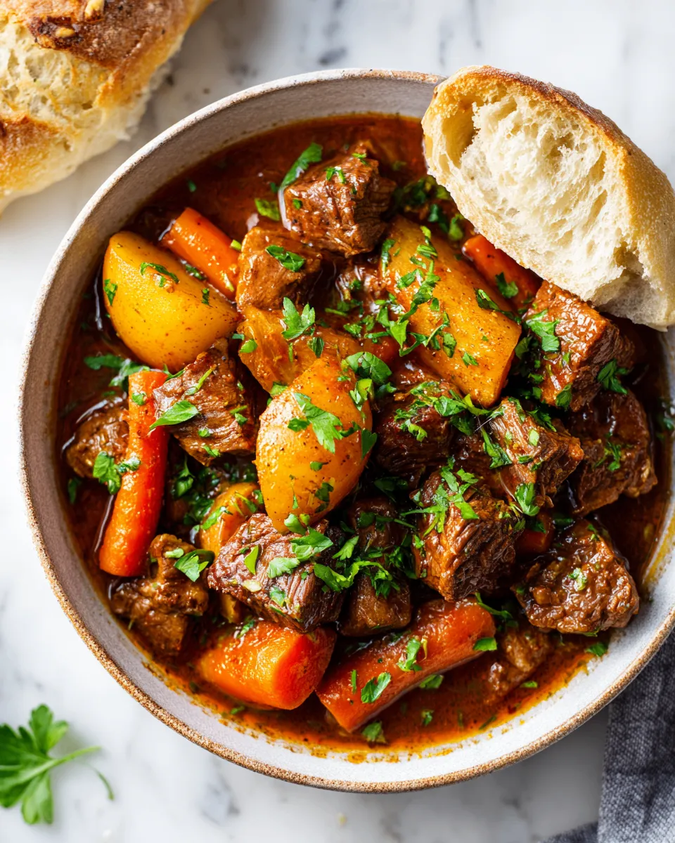 Delicious Slow Cooker Beef Stew filled with tender beef, vibrant vegetables, and aromatic herbs, perfect for chilly days and family dinners.