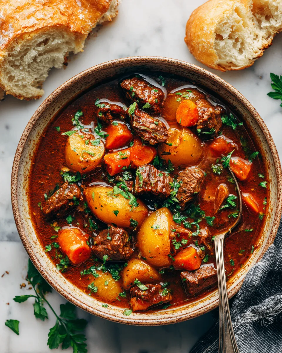 Delicious Slow Cooker Beef Stew filled with tender beef, vibrant vegetables, and aromatic herbs, perfect for chilly days and family dinners.