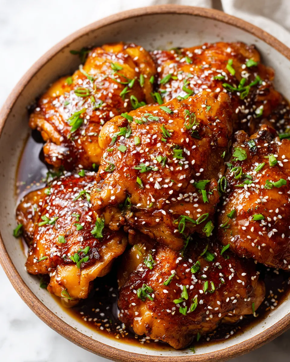 Slow Cooker Honey Teriyaki Chicken garnished with sesame seeds and green onions, showcasing its delicious glaze and comforting appeal.