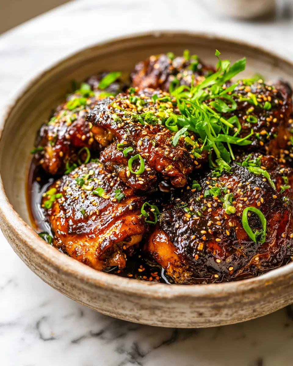 Slow Cooker Honey Teriyaki Chicken garnished with sesame seeds and green onions, showcasing its delicious glaze and comforting appeal.