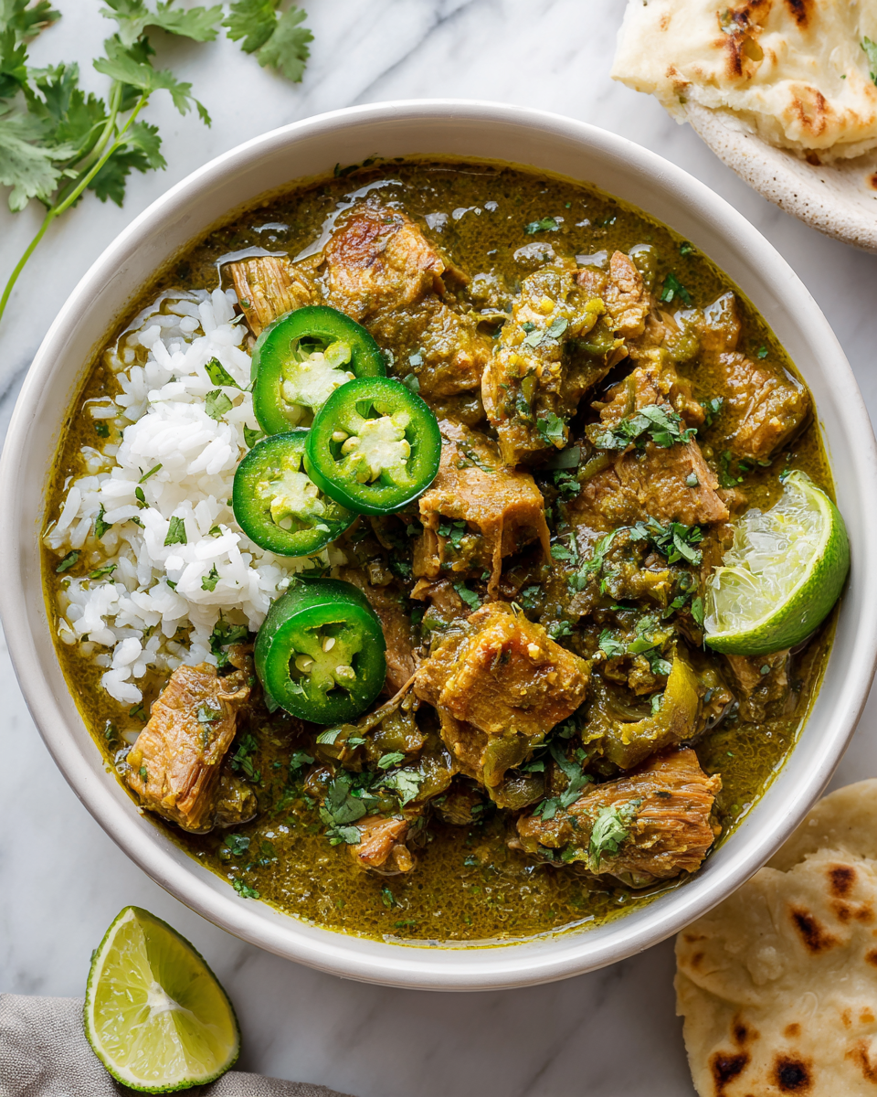 Delicious Slow Cooker Pork Chili Verde garnished with cilantro, perfect for family gatherings and hearty meals, featuring tender pork and tomatillos.