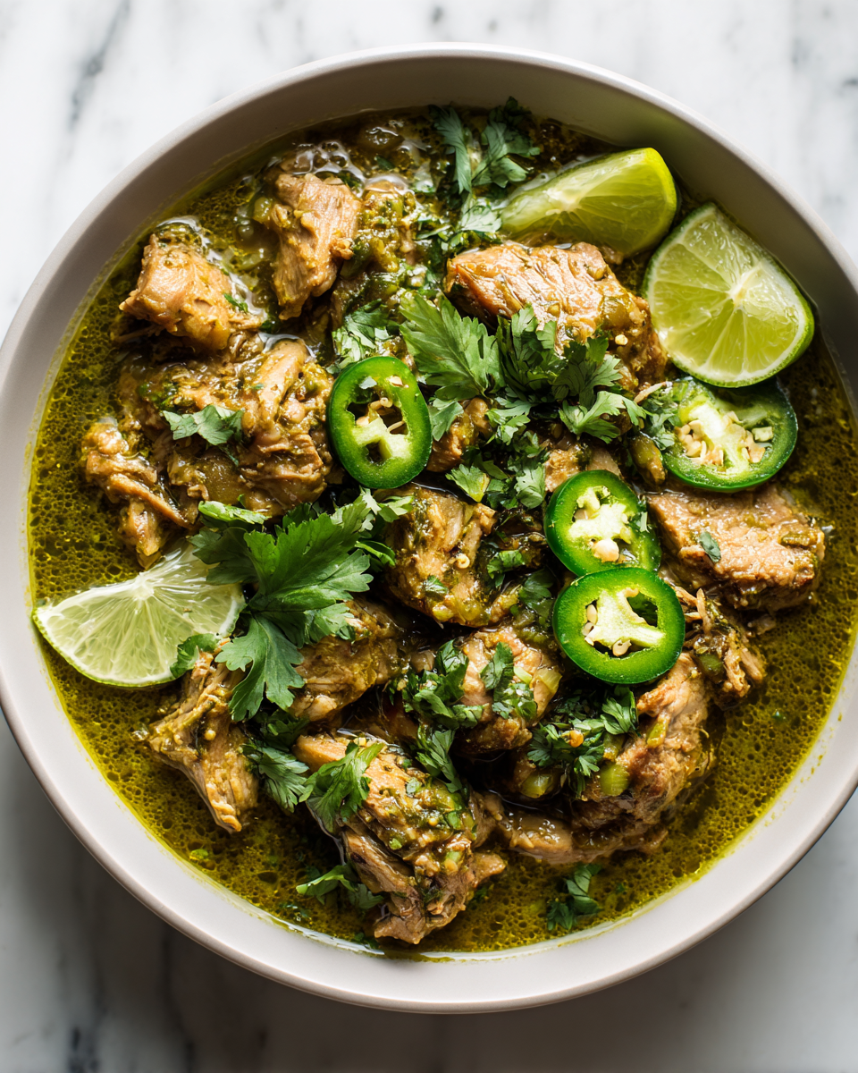 Delicious Slow Cooker Pork Chili Verde garnished with cilantro, perfect for family gatherings and hearty meals, featuring tender pork and tomatillos.