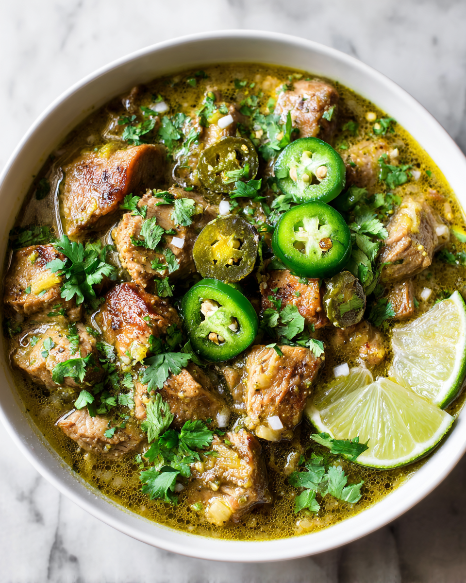 Delicious Slow Cooker Pork Chili Verde garnished with cilantro, perfect for family gatherings and hearty meals, featuring tender pork and tomatillos.
