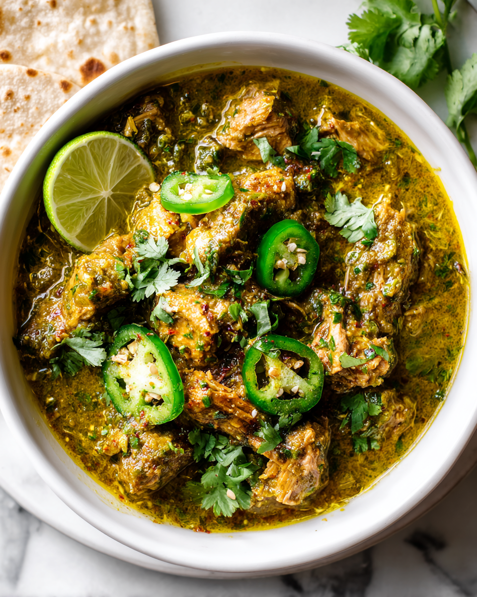 Delicious Slow Cooker Pork Chili Verde garnished with cilantro, perfect for family gatherings and hearty meals, featuring tender pork and tomatillos.