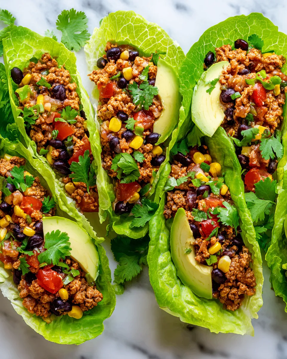 Delicious slow cooker Tex-Mex lettuce wraps made with ground turkey, black beans, and served in crisp lettuce leaves.