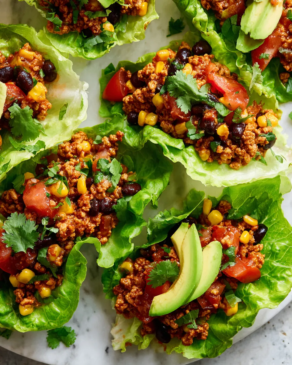 Delicious slow cooker Tex-Mex lettuce wraps made with ground turkey, black beans, and served in crisp lettuce leaves.