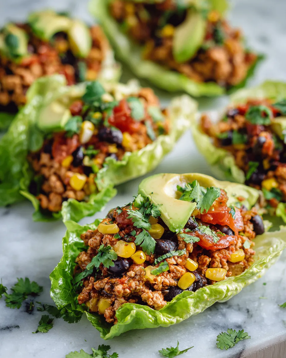Delicious slow cooker Tex-Mex lettuce wraps made with ground turkey, black beans, and served in crisp lettuce leaves.