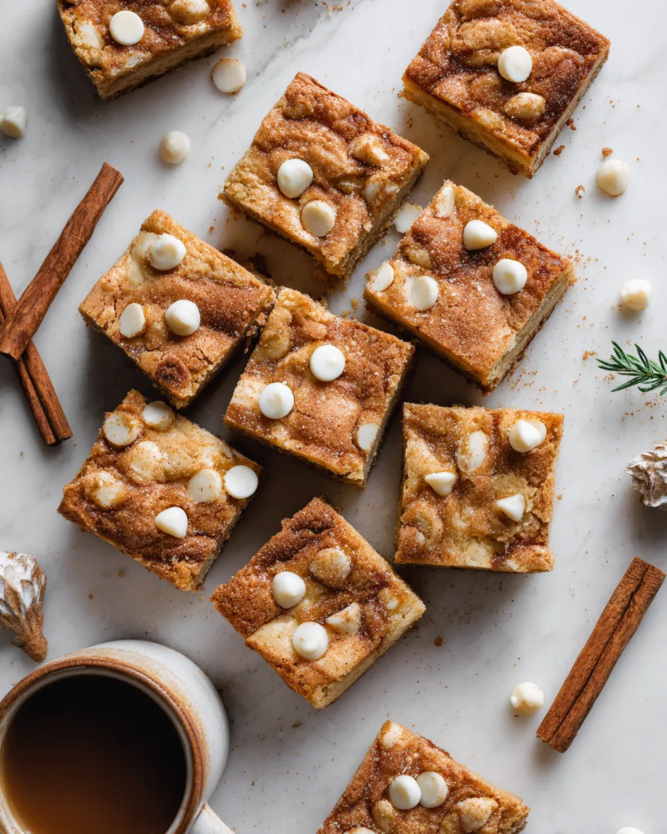 Chewy Snickerdoodle Blondies topped with cinnamon sugar, a delightful holiday dessert.