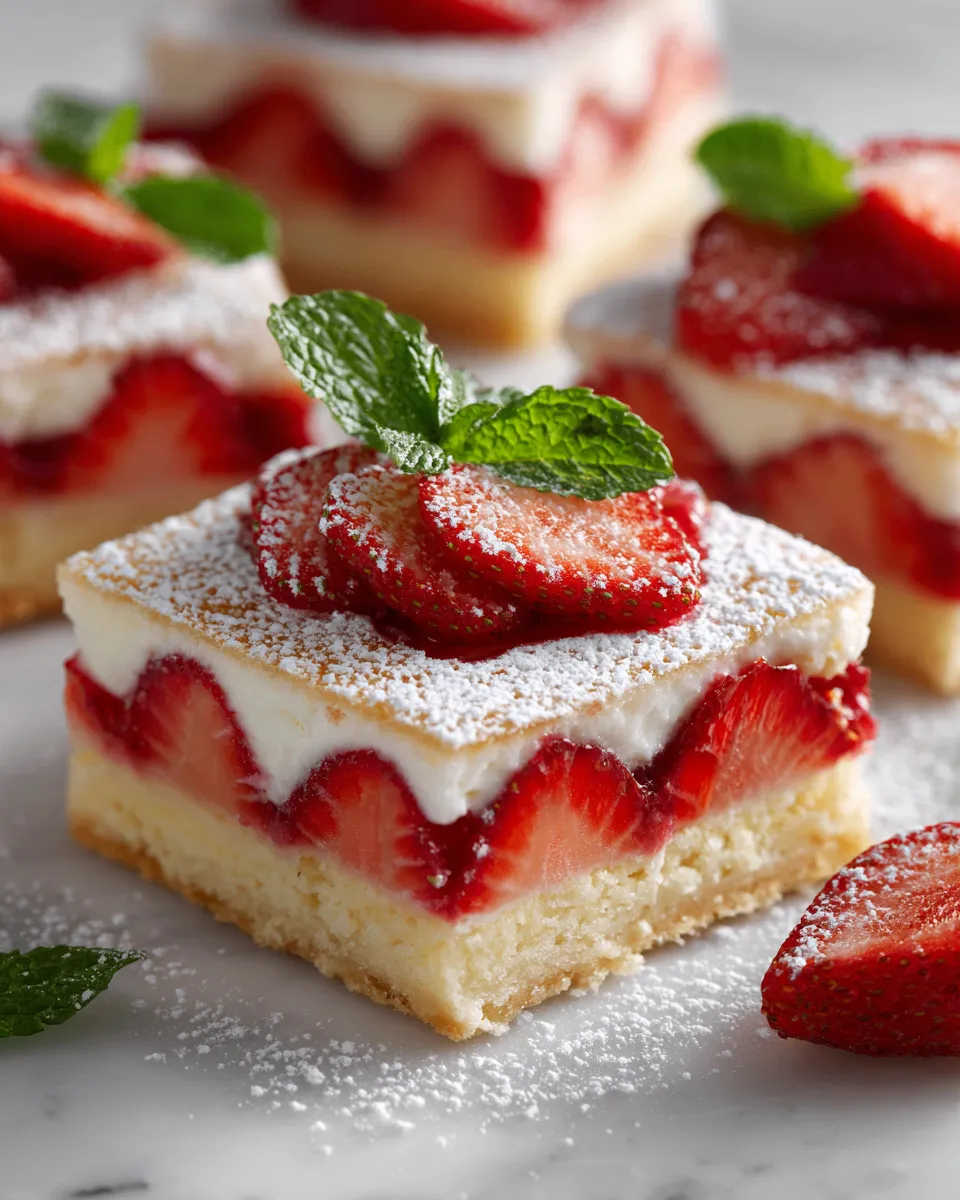 Delicious strawberries and cream dessert squares, perfect holiday treat recipe made with buttery crust and creamy filling.