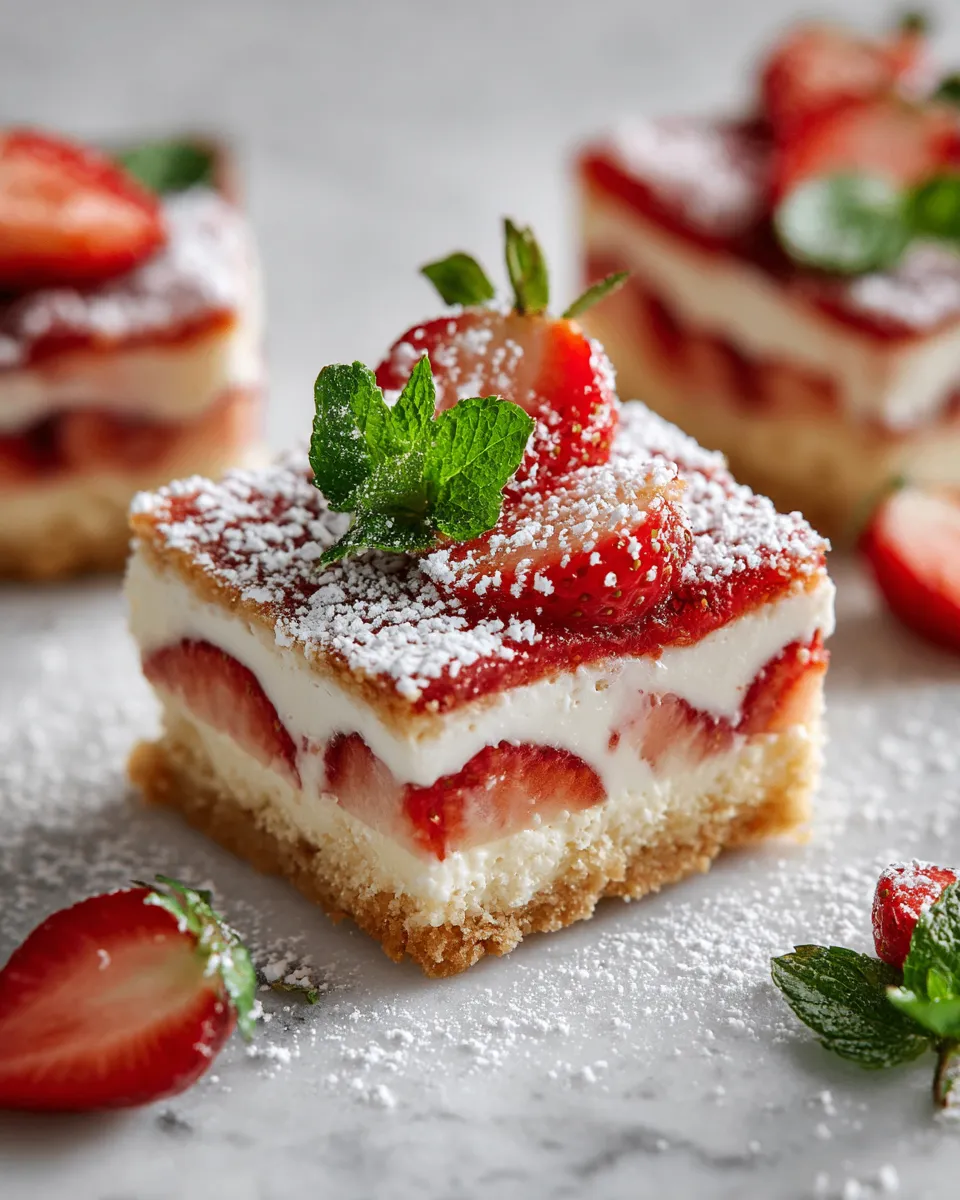 Delicious strawberries and cream dessert squares, perfect holiday treat recipe made with buttery crust and creamy filling.