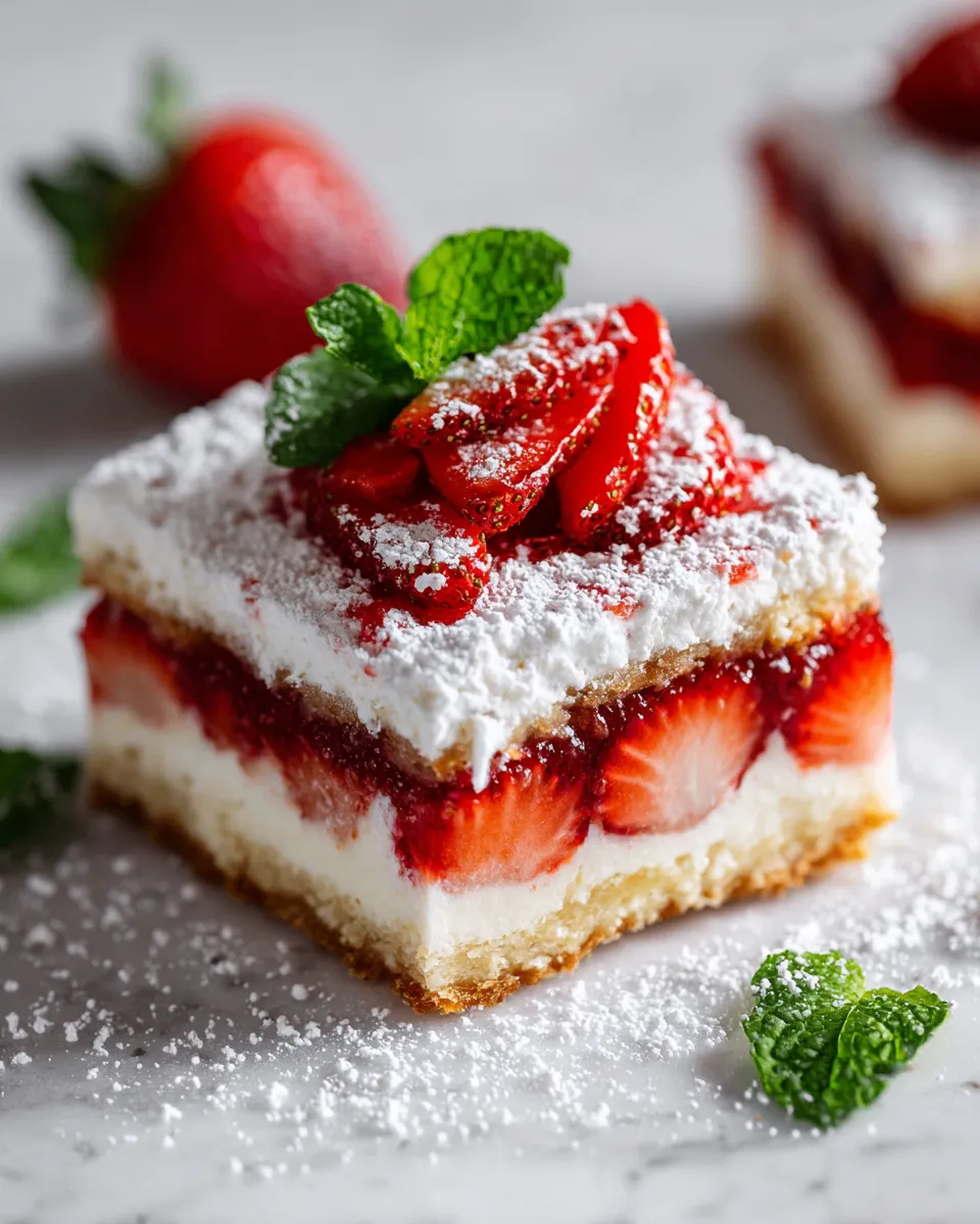 Delicious strawberries and cream dessert squares, perfect holiday treat recipe made with buttery crust and creamy filling.