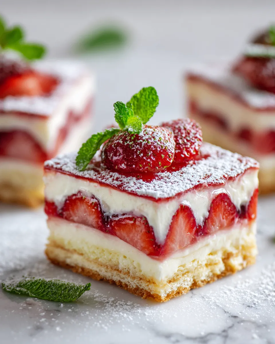 Delicious strawberries and cream dessert squares, perfect holiday treat recipe made with buttery crust and creamy filling.