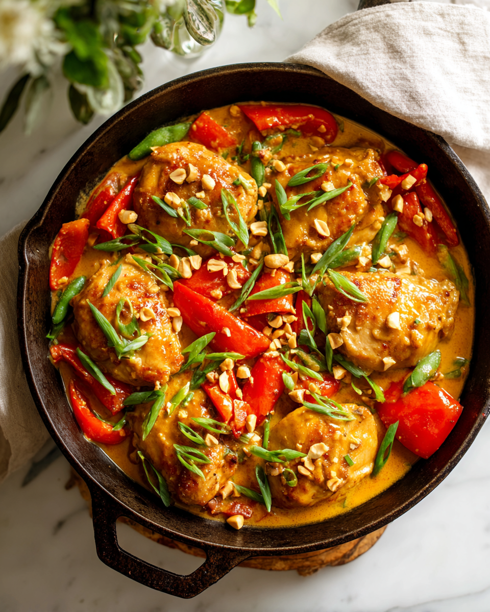 Thai Peanut Skillet Chicken recipe with flavorful chicken and colorful vegetables in creamy sauce, ideal for quick meals.