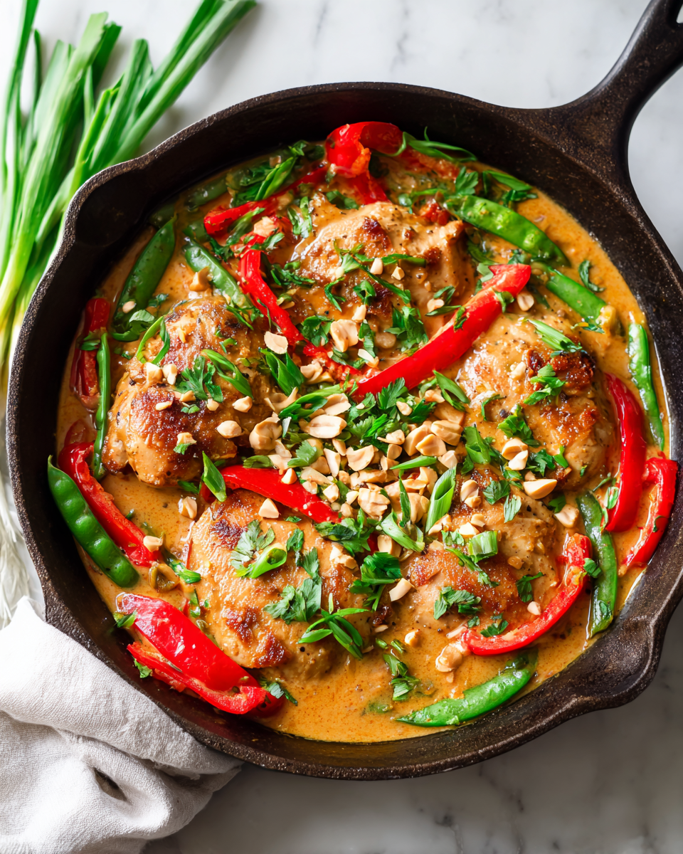Thai Peanut Skillet Chicken recipe with flavorful chicken and colorful vegetables in creamy sauce, ideal for quick meals.