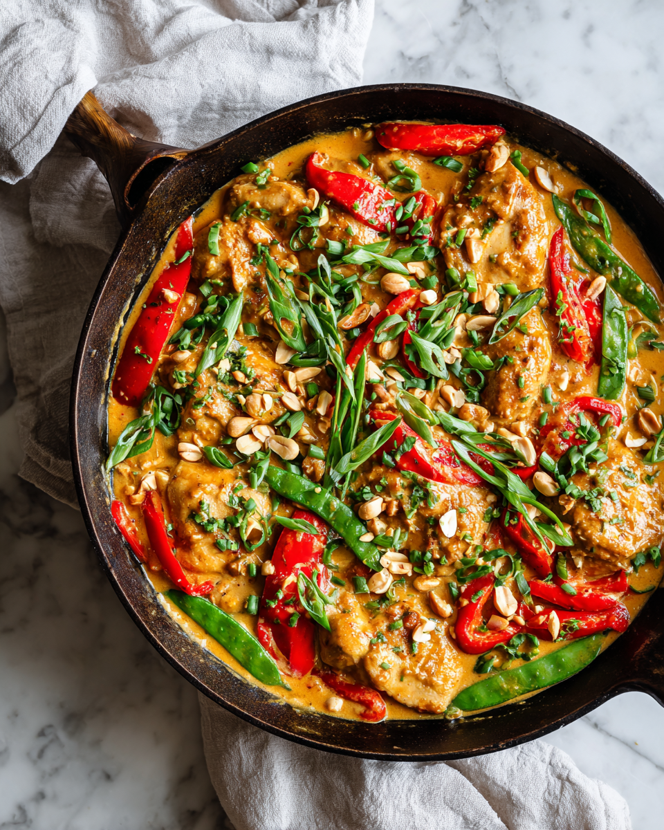 Thai Peanut Skillet Chicken recipe with flavorful chicken and colorful vegetables in creamy sauce, ideal for quick meals.