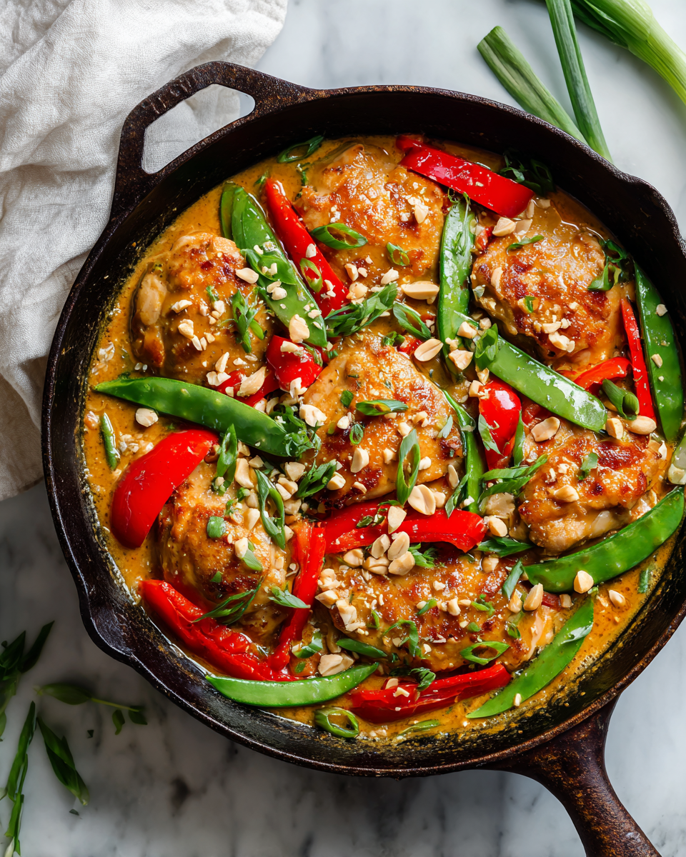 Thai Peanut Skillet Chicken recipe with flavorful chicken and colorful vegetables in creamy sauce, ideal for quick meals.