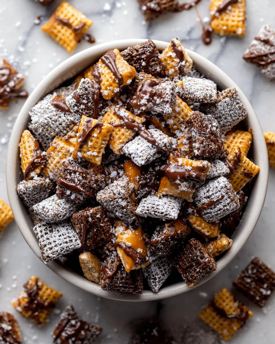 Delicious no-bake Twix Muddy Buddies made with Chex cereal, chocolate, and caramel, perfect for holiday gatherings and treating loved ones.