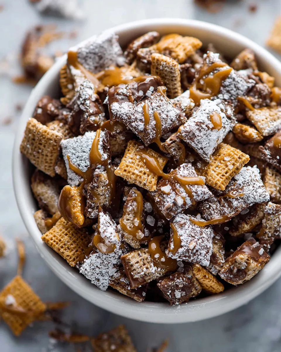 Delicious no-bake Twix Muddy Buddies made with Chex cereal, chocolate, and caramel, perfect for holiday gatherings and treating loved ones.