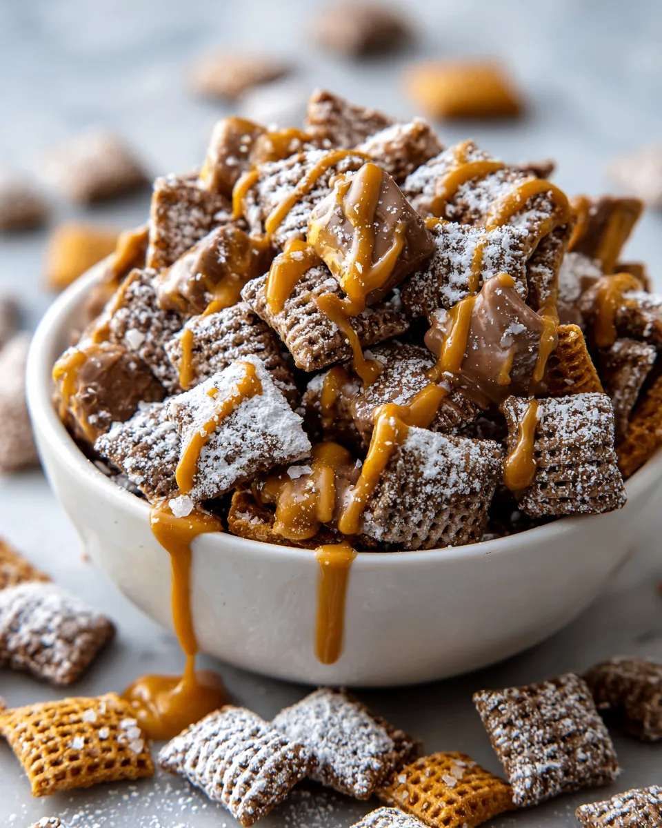 Delicious no-bake Twix Muddy Buddies made with Chex cereal, chocolate, and caramel, perfect for holiday gatherings and treating loved ones.