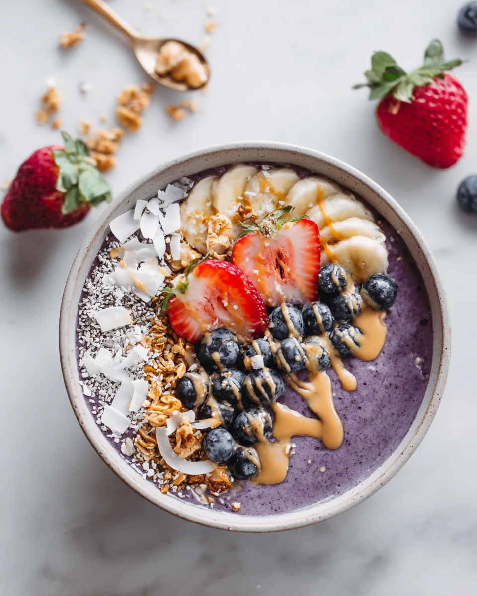 Delicious acai bowl topped with fresh fruits and granola, perfect for a healthy breakfast or snack.