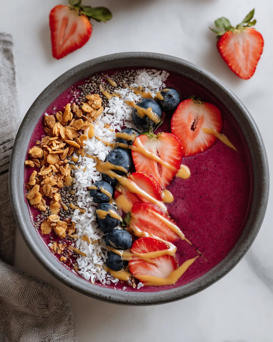Delicious acai bowl topped with fresh fruits and granola, perfect for a healthy breakfast or snack.