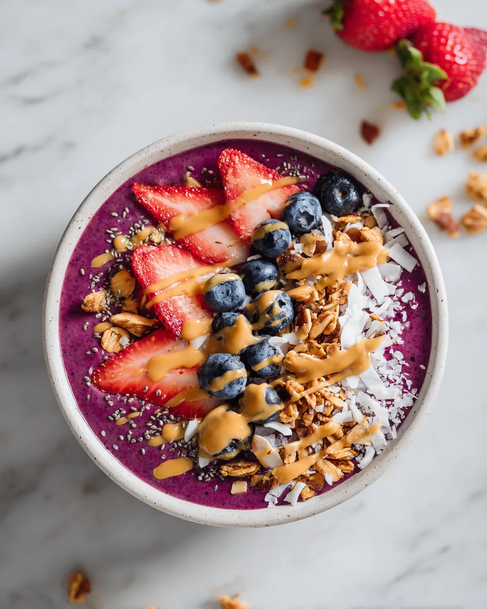 Delicious acai bowl topped with fresh fruits and granola, perfect for a healthy breakfast or snack.