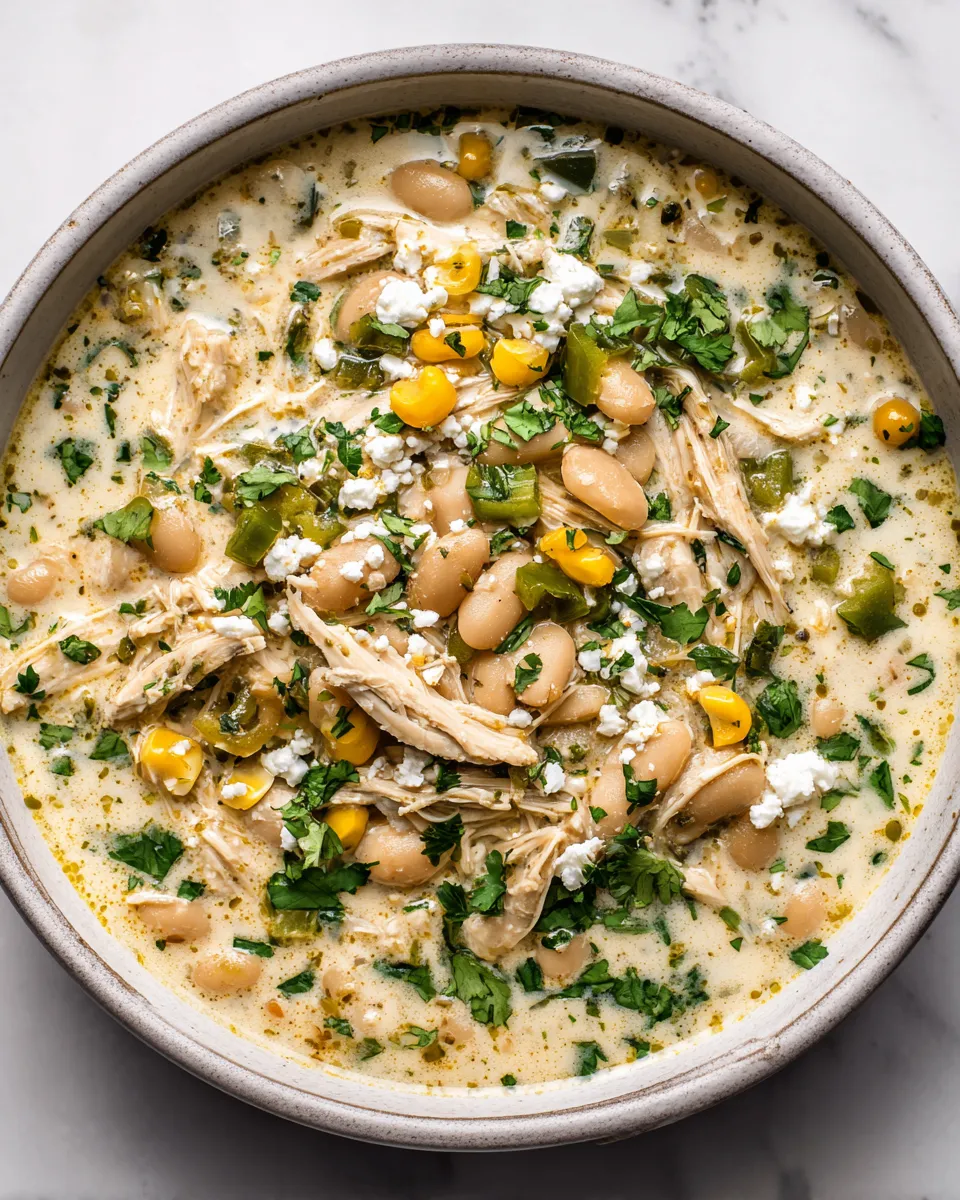 Creamy white chicken chili with fresh cilantro and cheese served in a bowl, perfect for cold days and cozy gatherings.