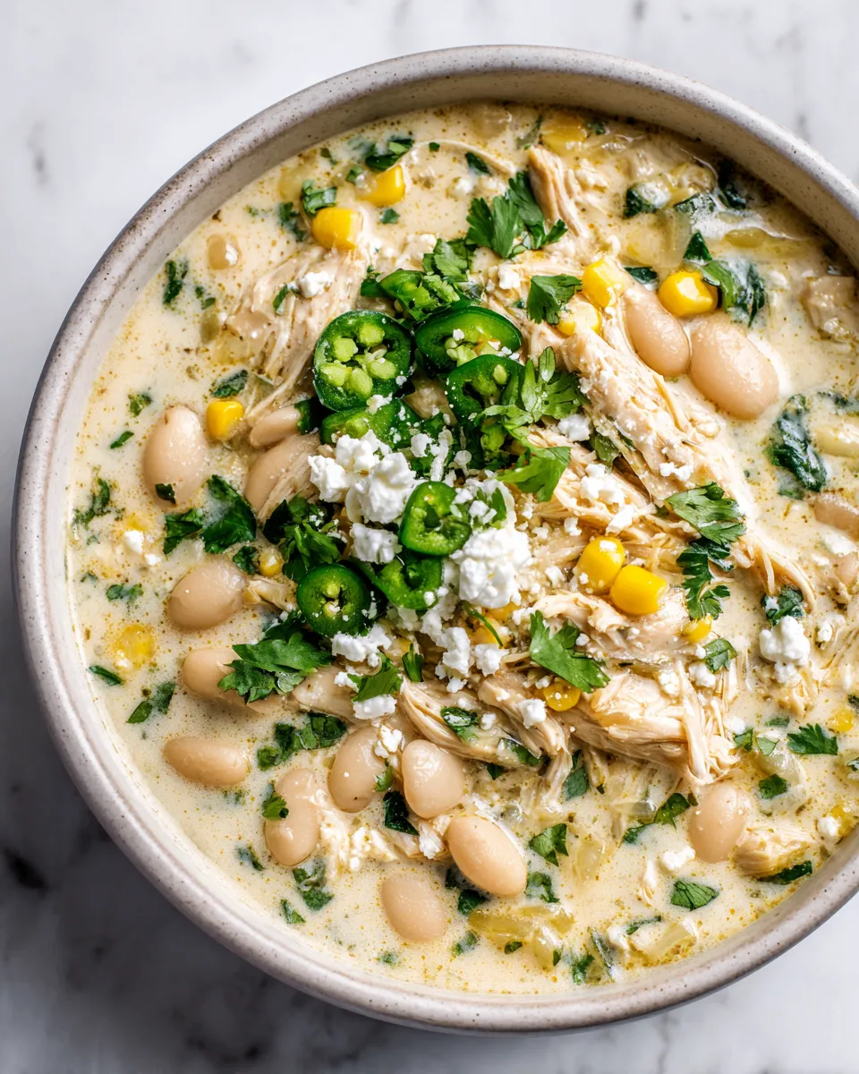 Creamy white chicken chili with fresh cilantro and cheese served in a bowl, perfect for cold days and cozy gatherings.