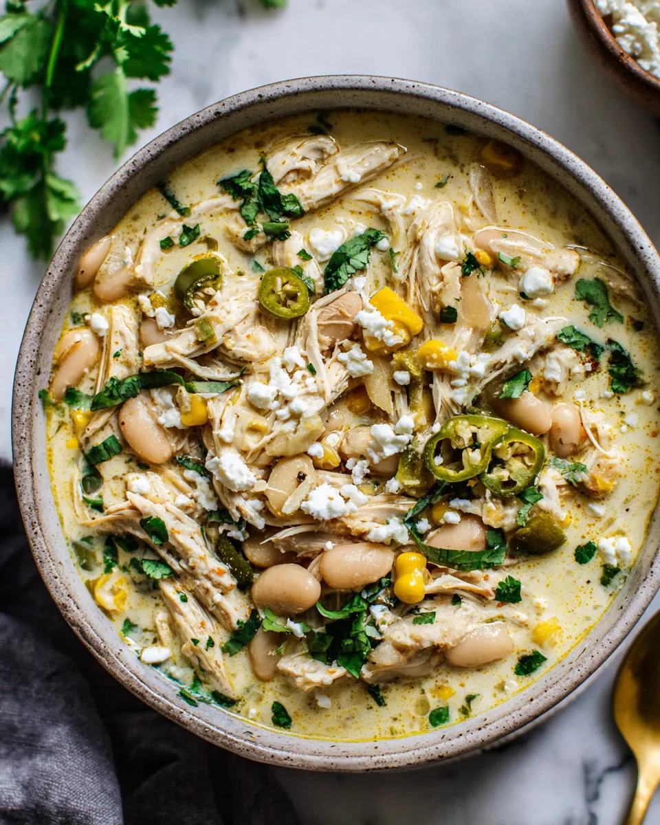 Creamy white chicken chili with fresh cilantro and cheese served in a bowl, perfect for cold days and cozy gatherings.