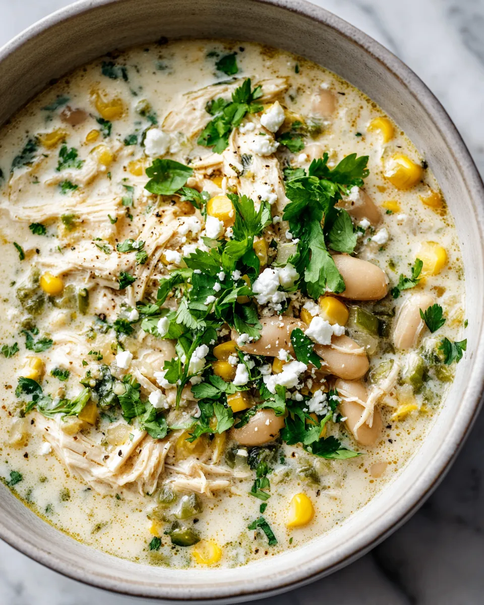 Creamy white chicken chili with fresh cilantro and cheese served in a bowl, perfect for cold days and cozy gatherings.