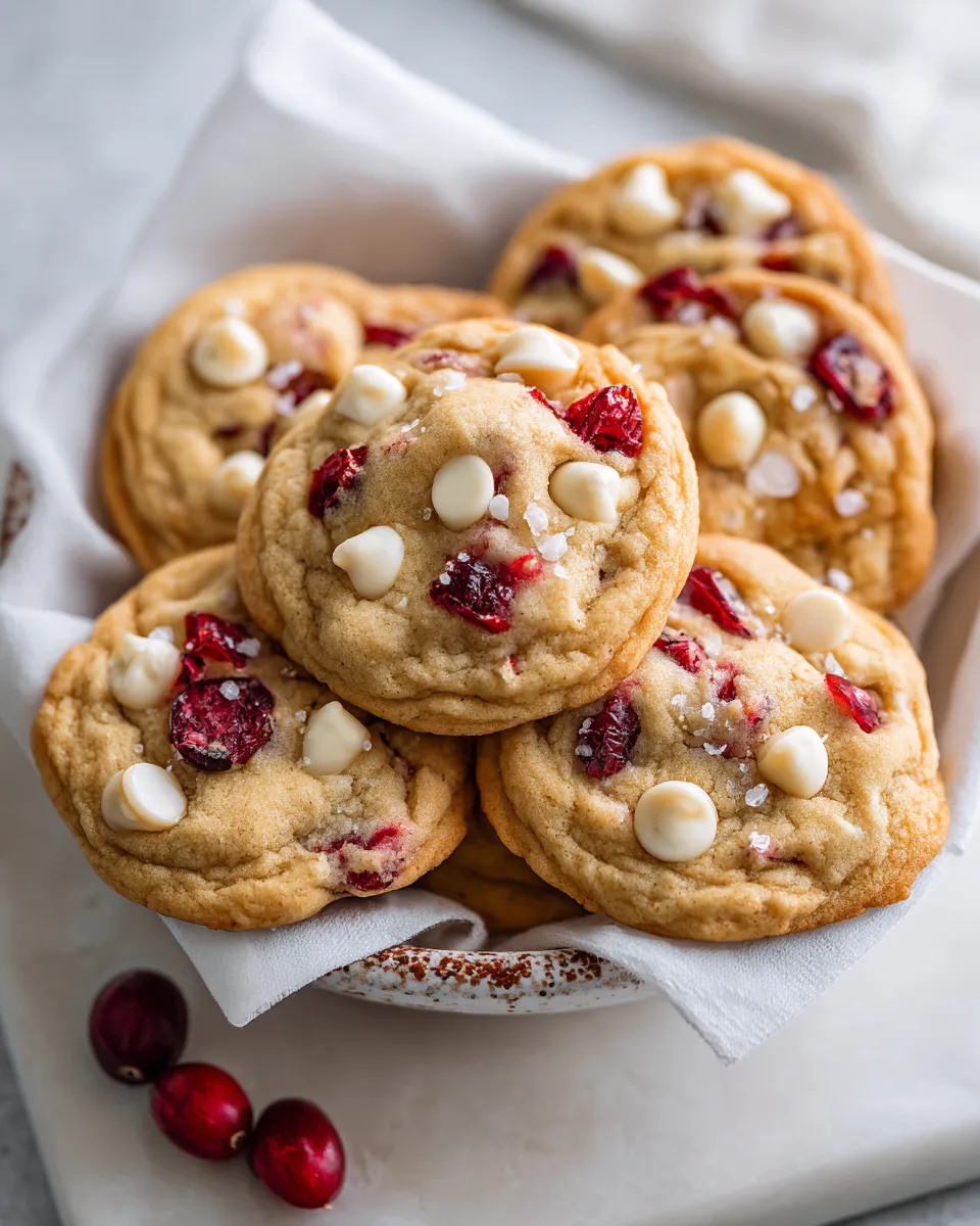 Festive White Chocolate Cranberry Macadamia Cookies, a delicious holiday treat filled with creamy white chocolate, tart cranberries, and crunchy macadamia nuts.