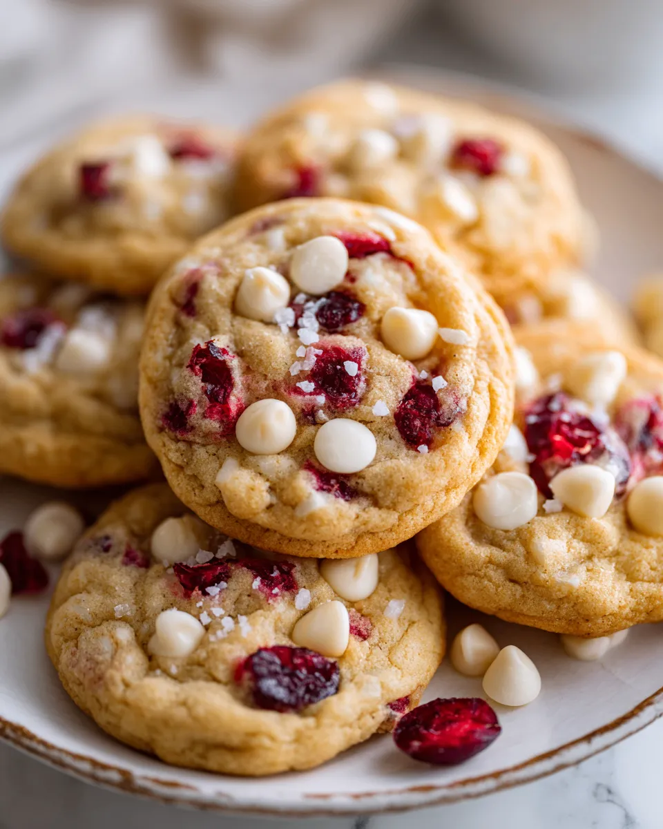 Festive White Chocolate Cranberry Macadamia Cookies, a delicious holiday treat filled with creamy white chocolate, tart cranberries, and crunchy macadamia nuts.