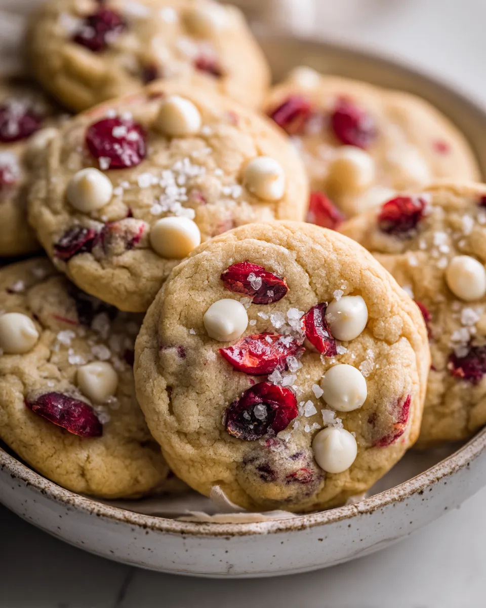 Festive White Chocolate Cranberry Macadamia Cookies, a delicious holiday treat filled with creamy white chocolate, tart cranberries, and crunchy macadamia nuts.