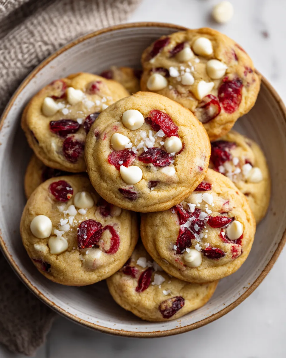 Festive White Chocolate Cranberry Macadamia Cookies, a delicious holiday treat filled with creamy white chocolate, tart cranberries, and crunchy macadamia nuts.