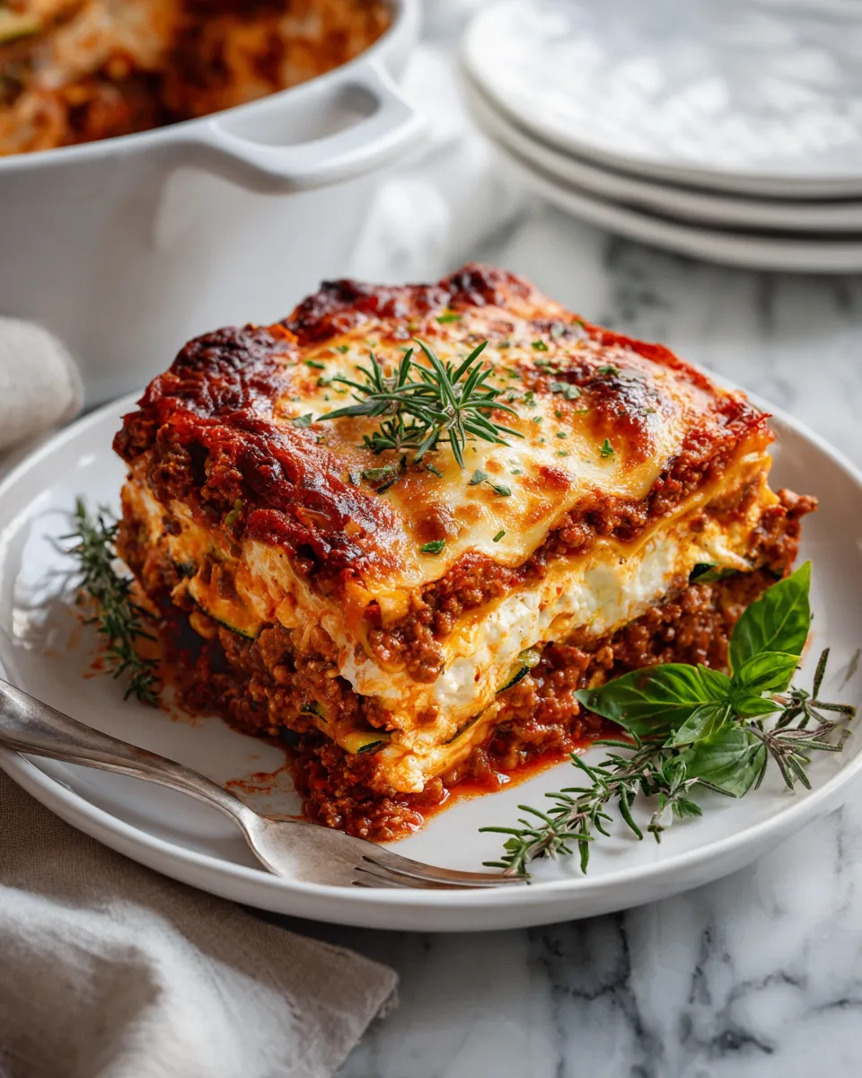 Delicious gluten-free zucchini lasagna with layers of roasted zucchini, savory meat sauce, and creamy cheese, perfect for holiday meals.