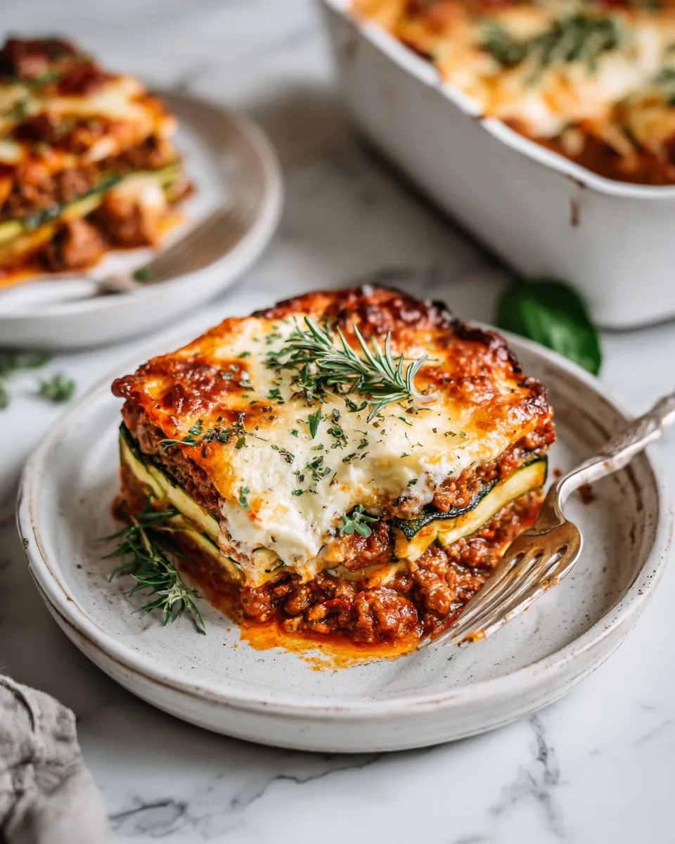Delicious gluten-free zucchini lasagna with layers of roasted zucchini, savory meat sauce, and creamy cheese, perfect for holiday meals.