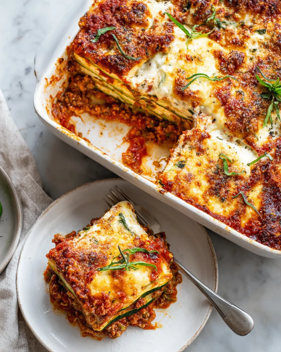 Delicious gluten-free zucchini lasagna with layers of roasted zucchini, savory meat sauce, and creamy cheese, perfect for holiday meals.