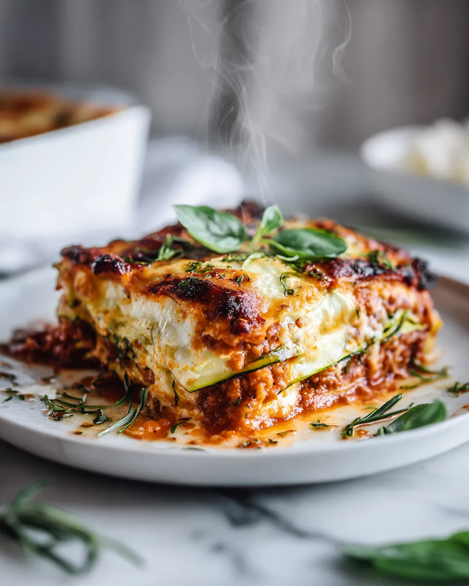 Delicious gluten-free zucchini lasagna with layers of roasted zucchini, savory meat sauce, and creamy cheese, perfect for holiday meals.
